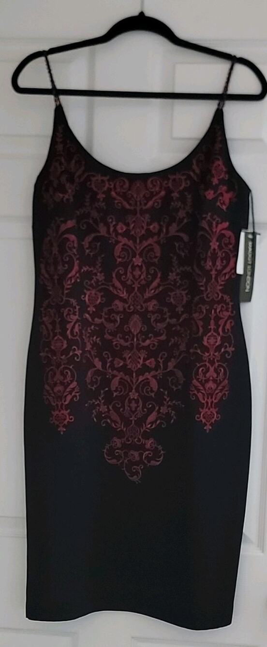 Maggy London Black Red Floral Embroidered Beaded Sheath Dress Scoop Neck 12